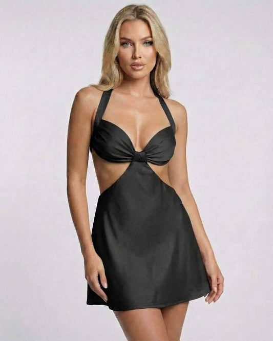 Fes Mini Dress by RAMBLION, elegant black satin halter design, perfect for summer evenings.