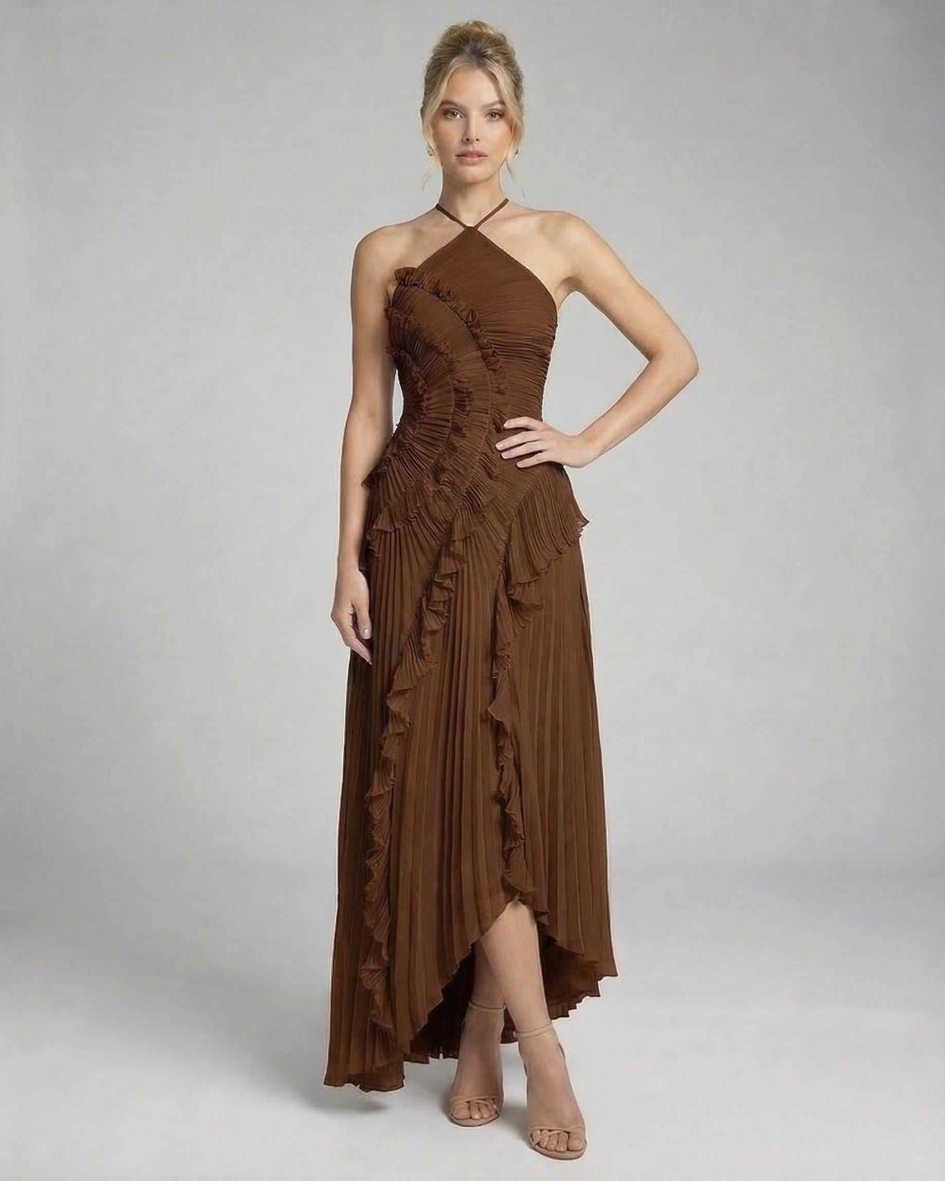 Fia Maxi Dress by RAMBLION, elegant brown pleated design, halter neckline, perfect for special occasions.