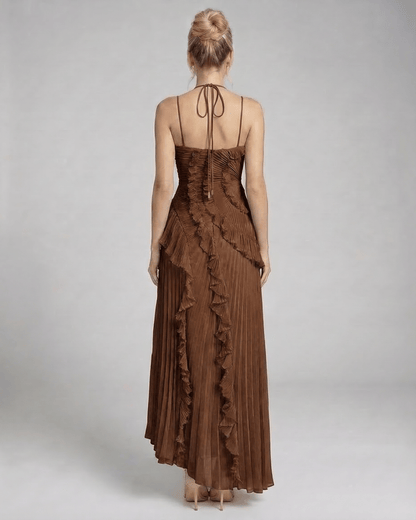 Fia Maxi Dress - Elegant halter gown in deep brown with pleated design and ruffle accents by RAMBLION.