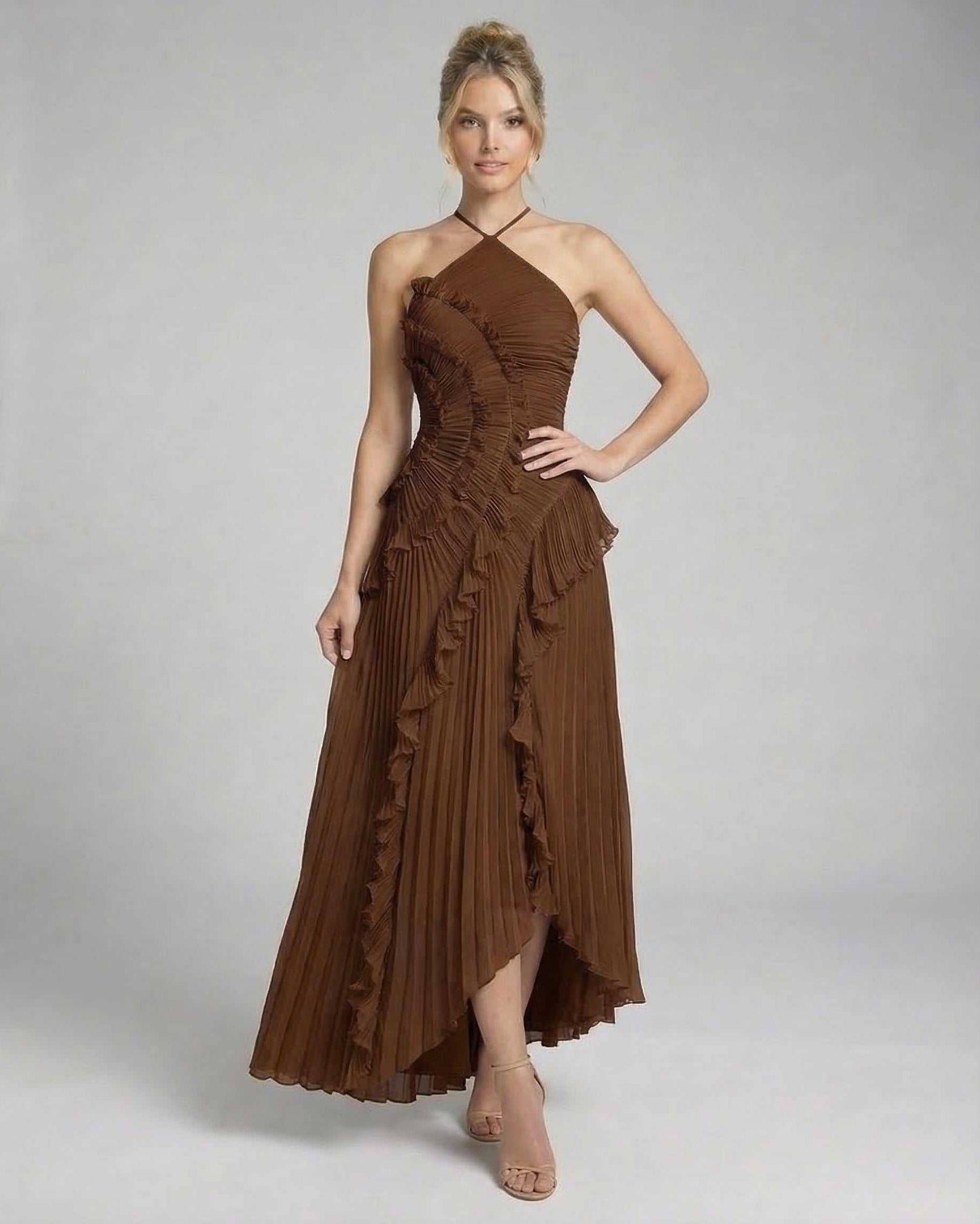 Fia Maxi Dress in deep brown, pleated design, elegant halter neckline, perfect for special occasions by RAMBLION.