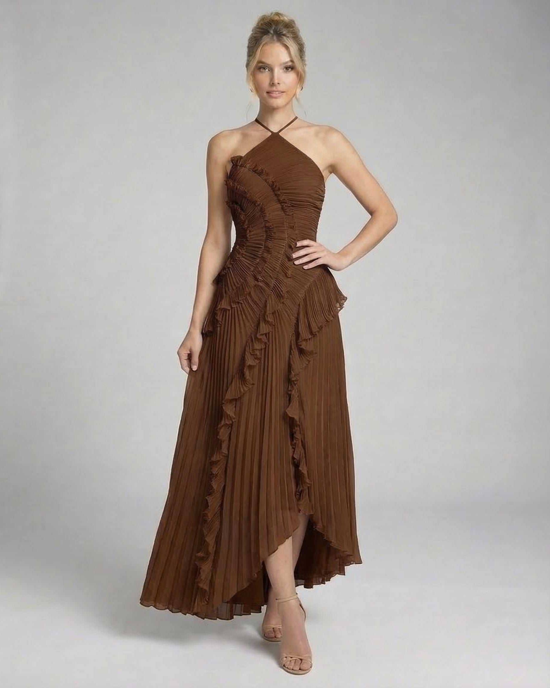 Fia Maxi Dress in deep brown, pleated design, elegant halter neckline, perfect for special occasions by RAMBLION.