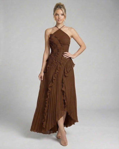 Fia Maxi Dress in deep brown, pleated design, elegant halter neckline, perfect for special occasions by RAMBLION.