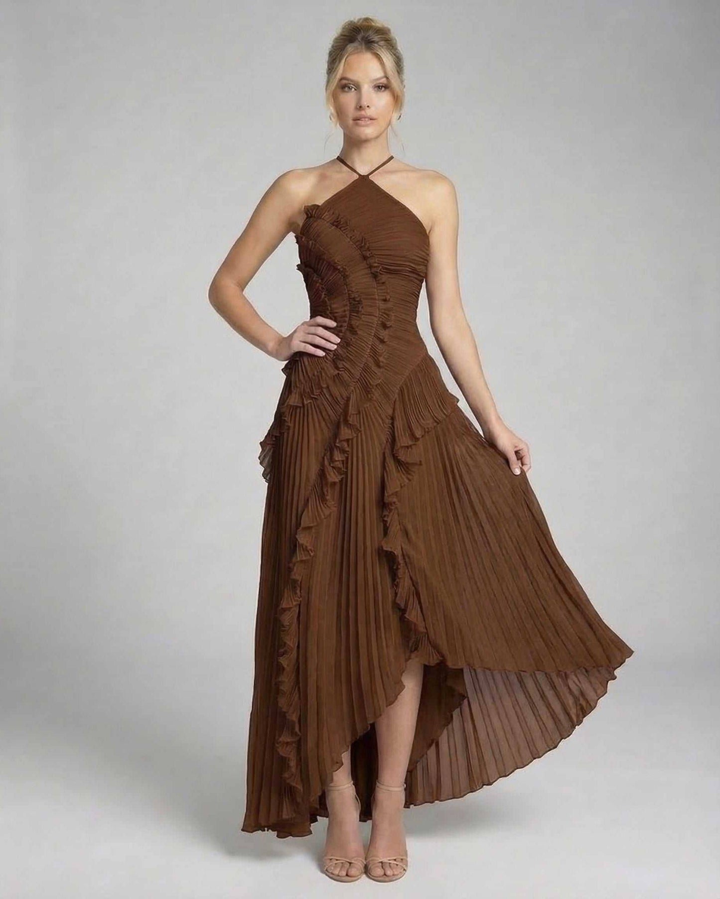 Fia Maxi Dress in deep brown, pleated chiffon with halter neckline, perfect for elegant occasions, by RAMBLION.
