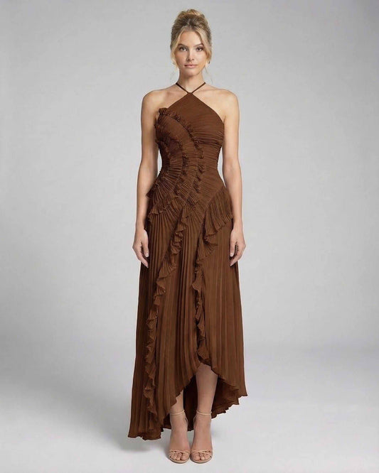 Fia Maxi Dress featuring a halter neckline, pleated design, and ruffle accents in deep brown by RAMBLION, perfect for elegant occasions.