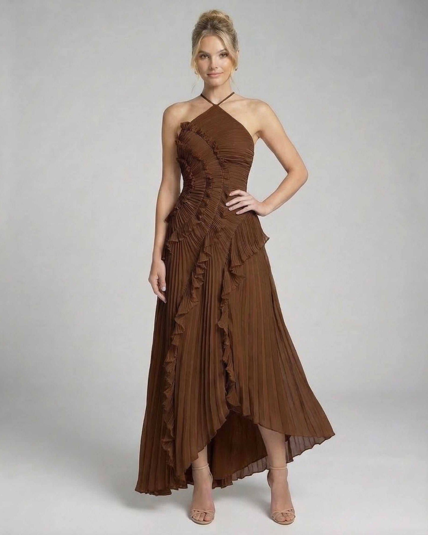 Fia Maxi Dress in deep brown, pleated chiffon with elegant halter neckline by RAMBLION, perfect for special occasions.