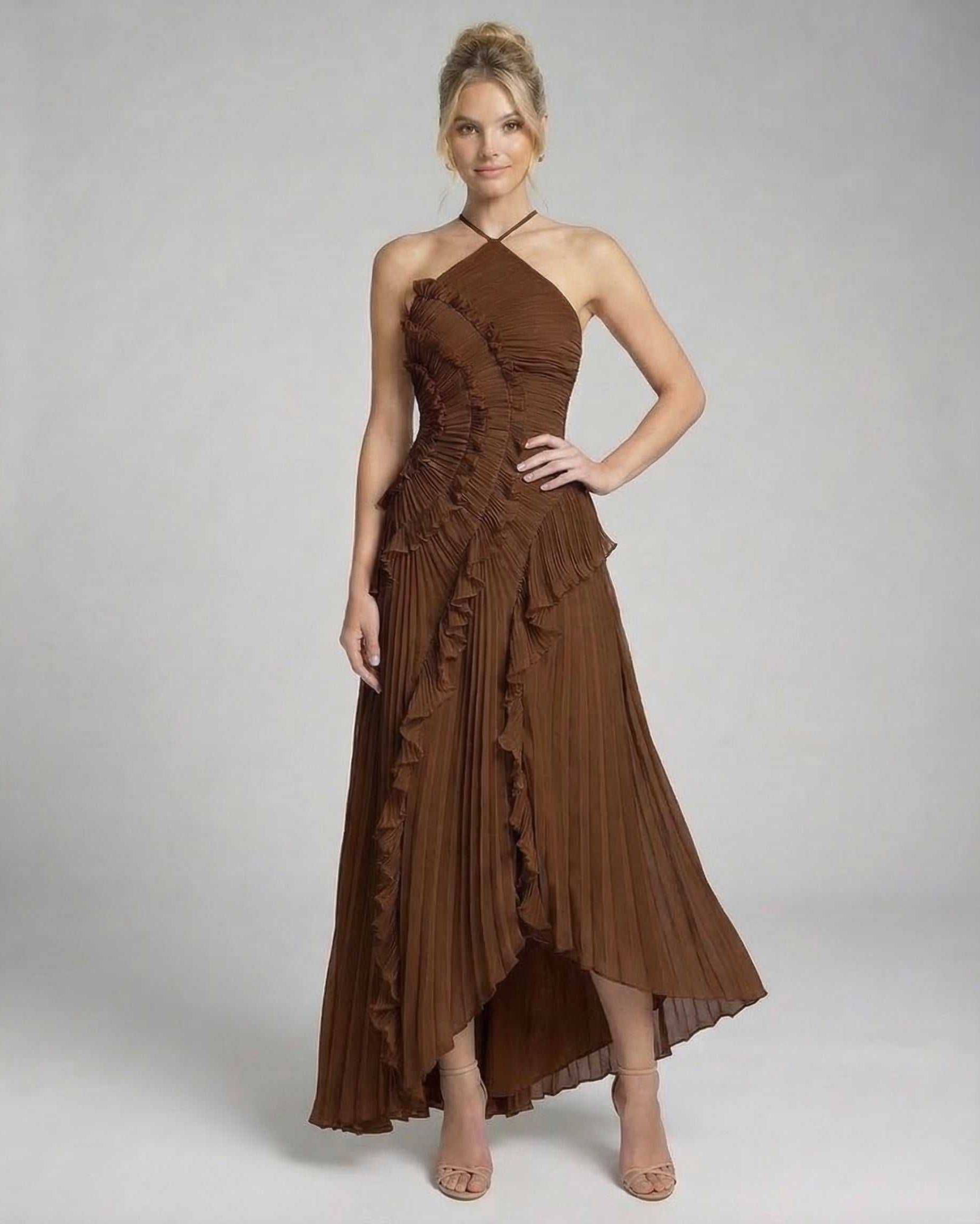 Fia Maxi Dress in deep brown, pleated chiffon with elegant halter neckline by RAMBLION, perfect for special occasions.