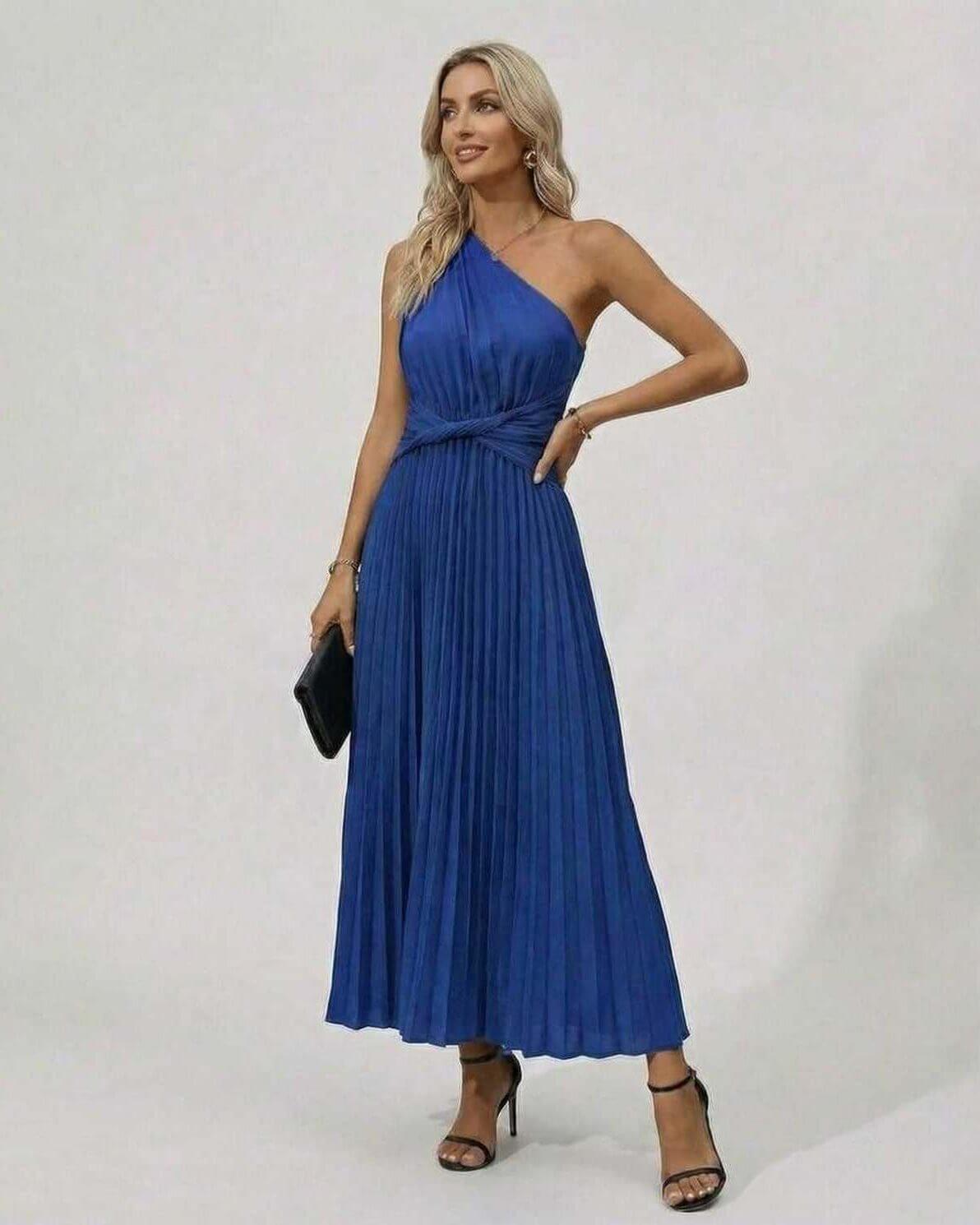 Fia Midi Dress in vibrant blue, one-shoulder, pleated design, stylish for events, by RAMBLION.