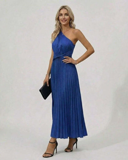 Fia Midi Dress in vibrant blue, one-shoulder, pleated design, perfect for stylish occasions, by RAMBLION.