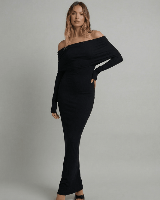 Fife Maxi Dress by RAMBLION, black ankle-length, off-shoulder, sophisticated for upscale events.