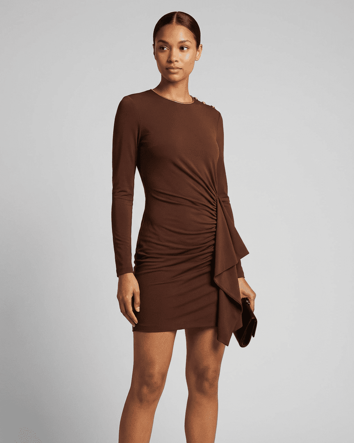 Fife Mini Dress by RAMBLION, brown mini dress with ruched detailing, round neck, perfect for chic occasions.