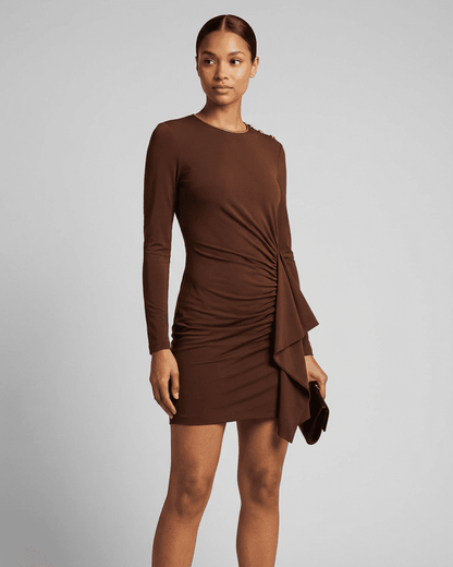 Fife Mini Dress by RAMBLION, brown mini dress with ruched detailing, round neck, perfect for chic occasions.