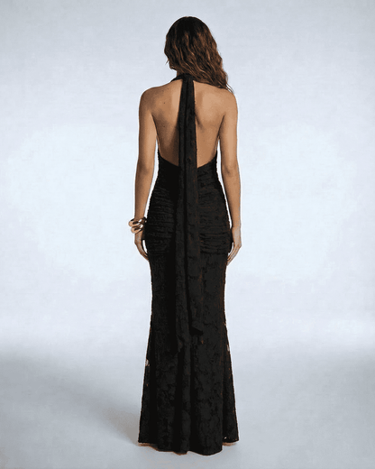 Figi Maxi Dress - Black ankle-length, V-neck, elegant satin appeal by RAMBLION, perfect for evening events.
