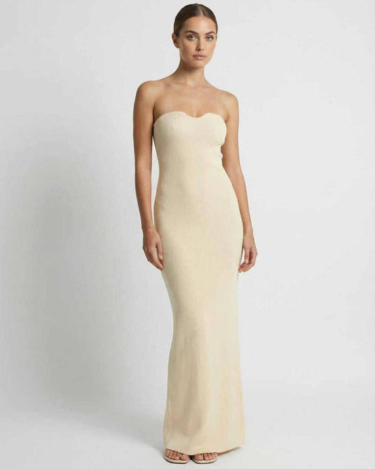 Filicudi Maxi Dress in beige, strapless, ankle-length, luxurious satin feel by RAMBLION, perfect for elegant occasions.