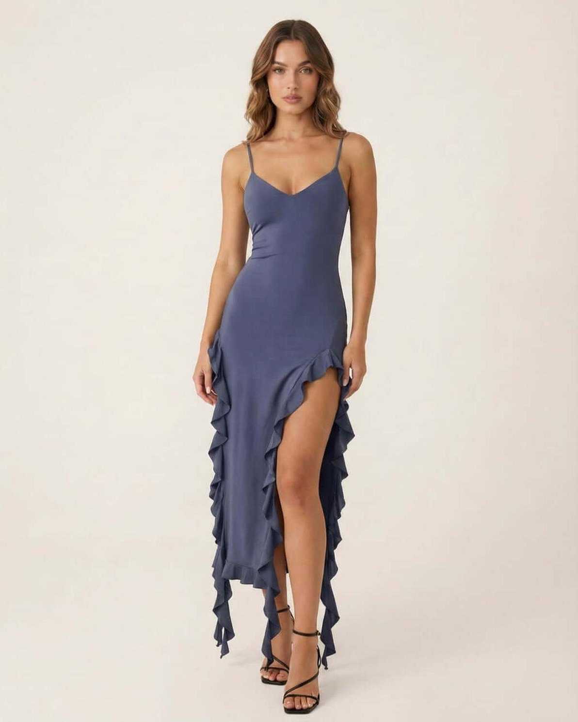 Filicudi Midi Dress by RAMBLION, blue cotton dress with ruffles, V neck, perfect for summer occasions.
