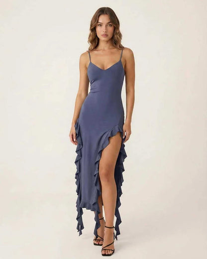 Blue Cotton Bodycon V-Neck Sleeveless Midi Dress | Formal Occasions, Cocktail Parties & Daily Wear, front view | Ramblion | SKU: LMD-583920471-blue-L-6088,LMD-583920471-blue-M-7834,LMD-583920471-blue-S-4504,LMD-583920471-blue-XL-6804,LMD-583920471-blue-XS-3778