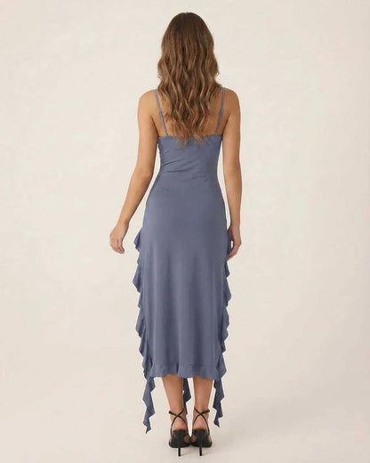 Blue Cotton Bodycon V-Neck Sleeveless Midi Dress | Formal Occasions, Cocktail Parties & Daily Wear, back view | Ramblion | SKU: LMD-583920471-blue-L-6088,LMD-583920471-blue-M-7834,LMD-583920471-blue-S-4504,LMD-583920471-blue-XL-6804,LMD-583920471-blue-XS-3778