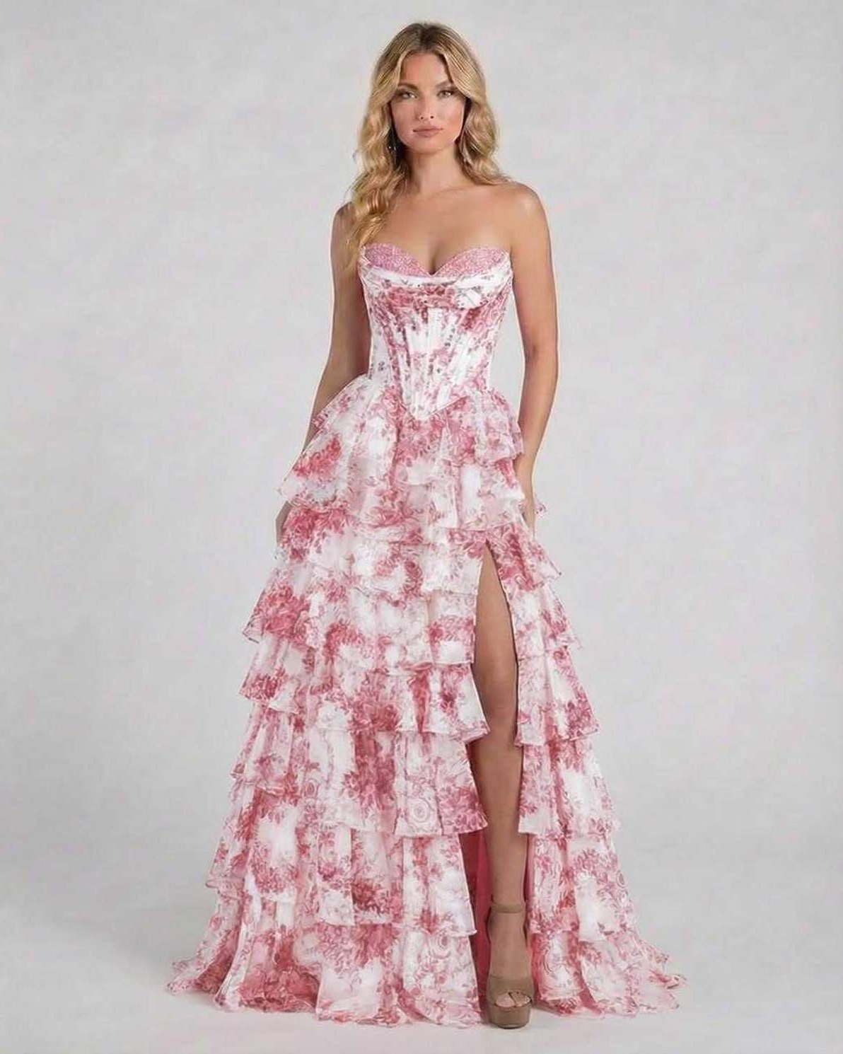 Filo Maxi Dress by RAMBLION, strapless red flower patterned gown, tiered design, perfect for special occasions.