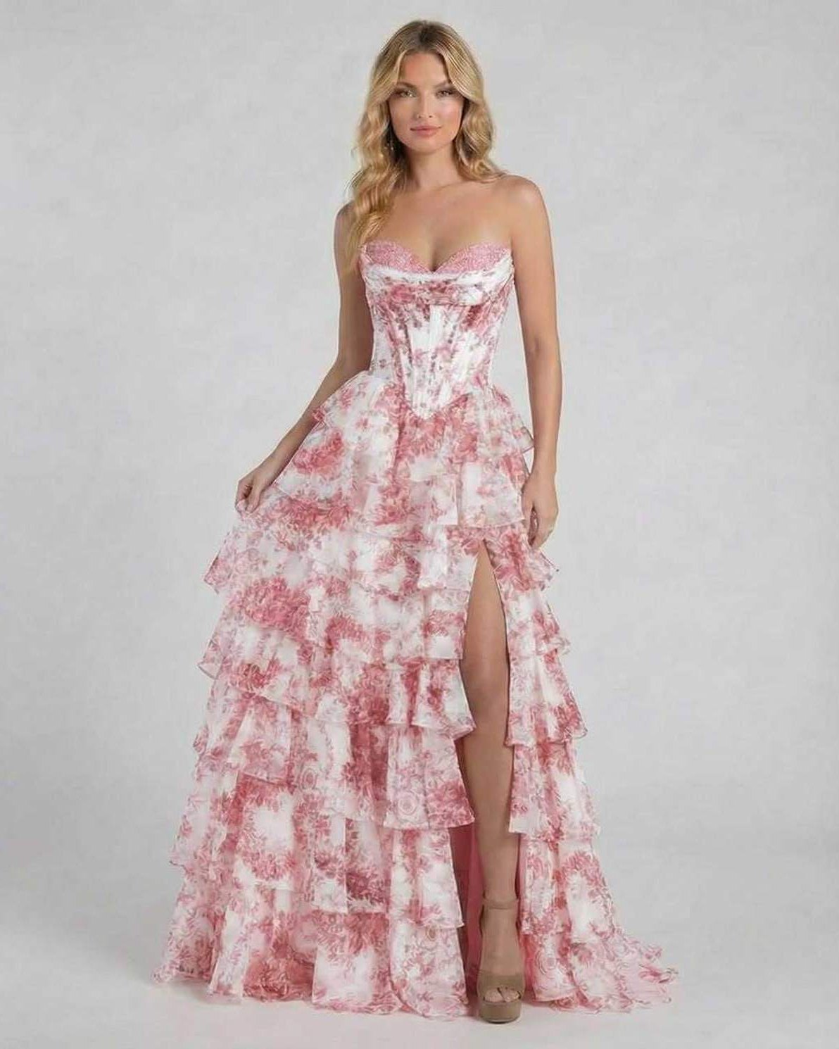 Filo Maxi Dress by RAMBLION, red ankle-length satin, strapless, tiered design, floral print, perfect for special occasions.