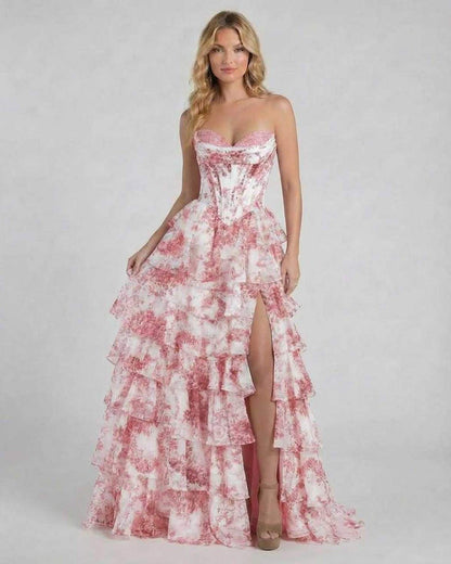 Filo Maxi Dress by RAMBLION, red ankle-length satin, strapless, tiered design, floral print, perfect for special occasions.