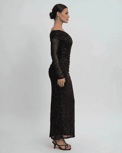 Fima Maxi Dress by RAMBLION, elegant black ankle-length dress with off-the-shoulder design, perfect for formal occasions.