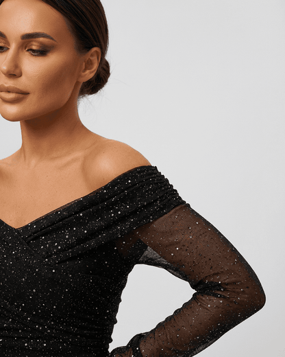 Fima Maxi Dress by RAMBLION, elegant black off-the-shoulder design with mesh overlay, perfect for formal occasions.