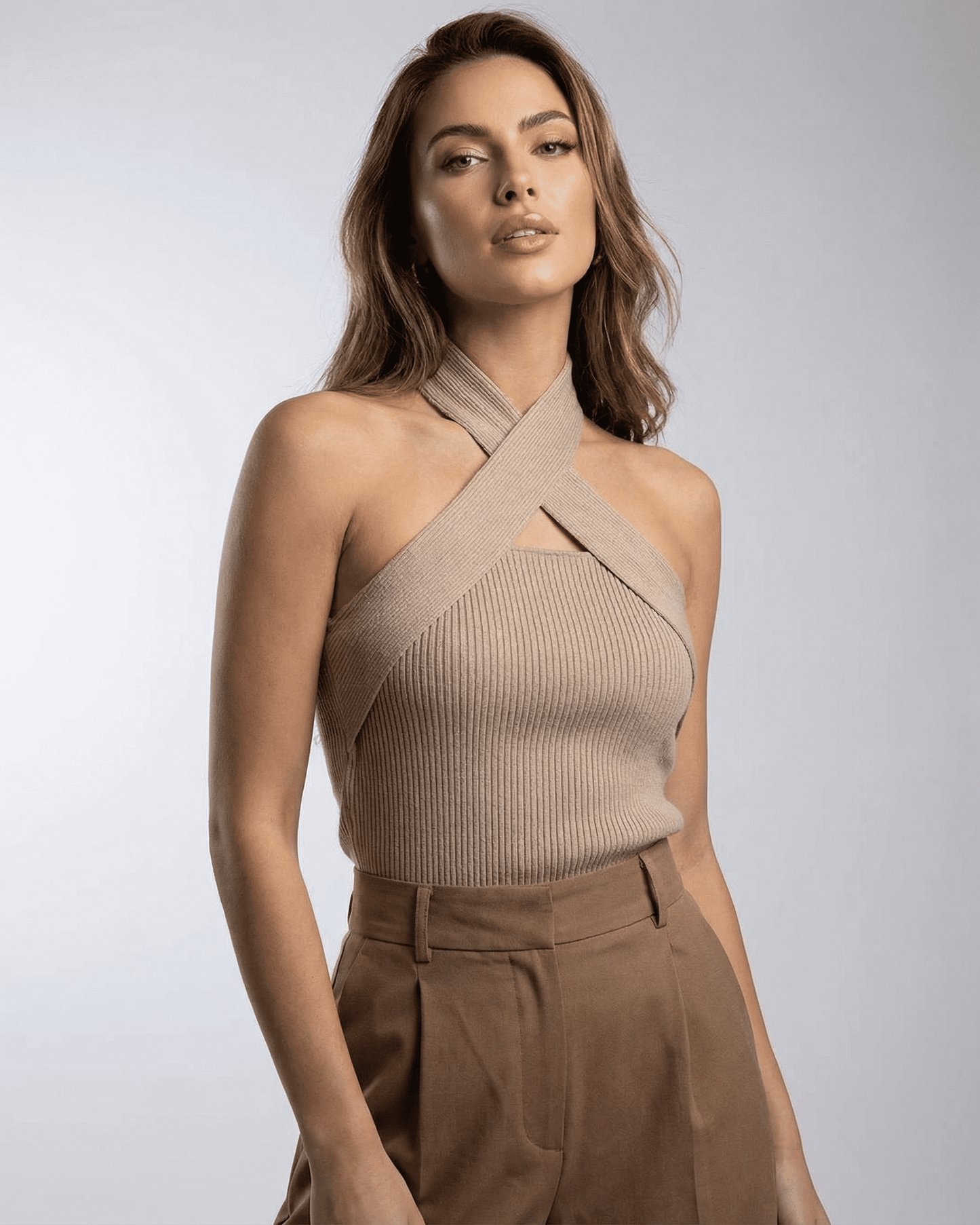 Fima Top by RAMBLION, chic beige halter top with ribbed texture, comfortable for casual and elevated occasions.