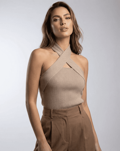 Fima Top by RAMBLION, chic beige halter top with ribbed texture, comfortable for casual and elevated occasions.