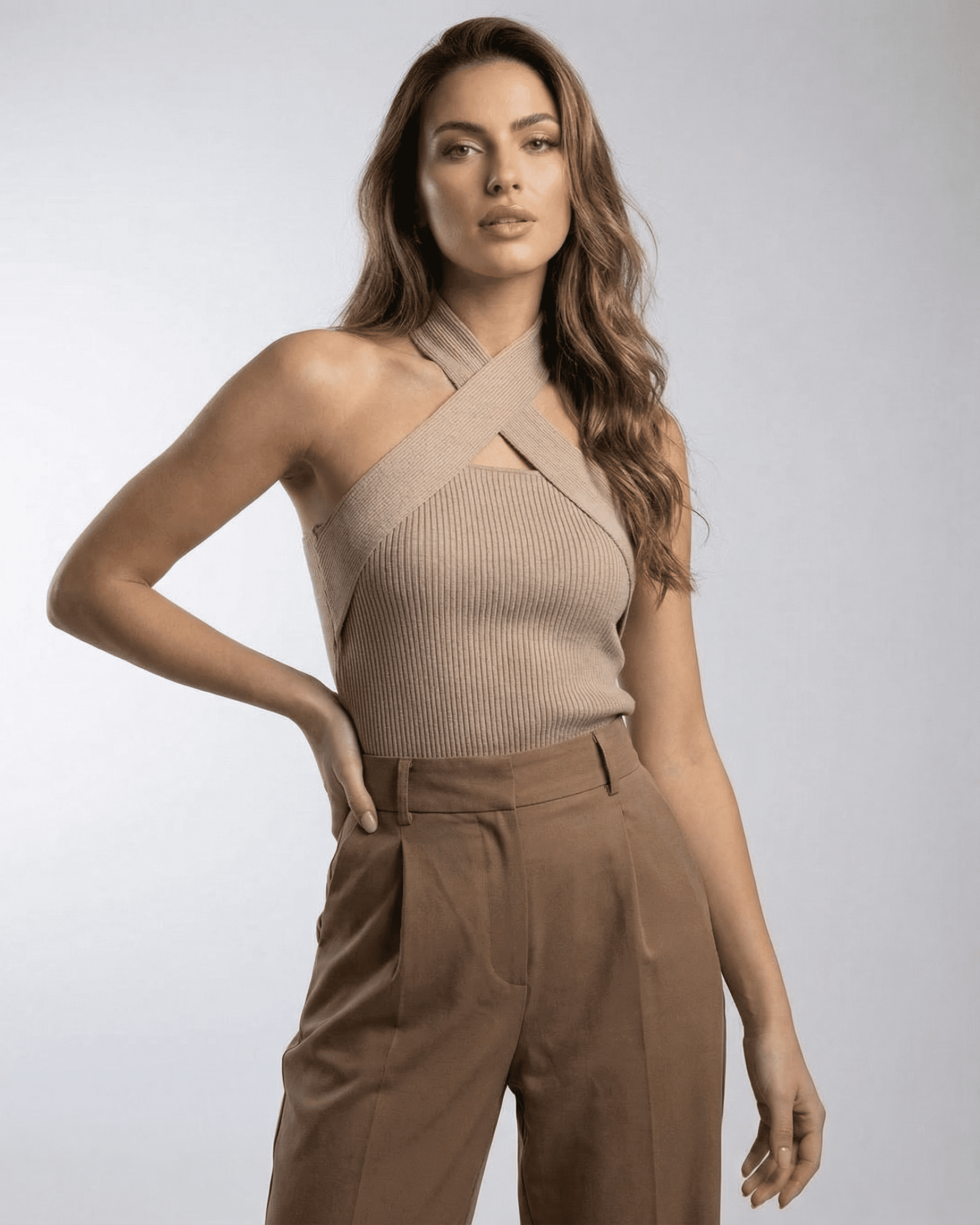 Fima Top by RAMBLION, beige halter top with ribbed texture, stylish and comfortable for casual or elevated occasions.
