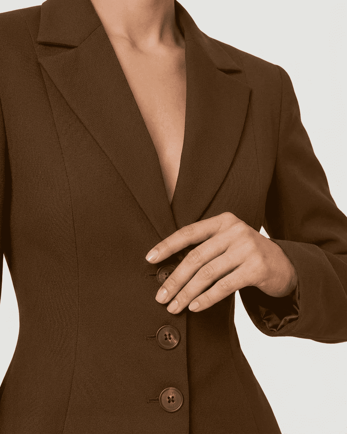 Fina Blazer by RAMBLION - sophisticated brown blazer with V neck and tailored fit, perfect for any occasion.