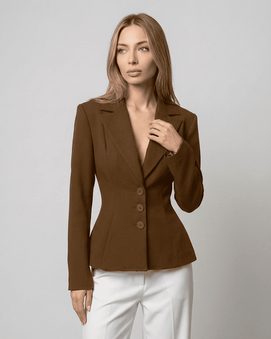 Fina Blazer by RAMBLION, brown sophisticated blazer with V neck, tailored fit, suitable for professional occasions.