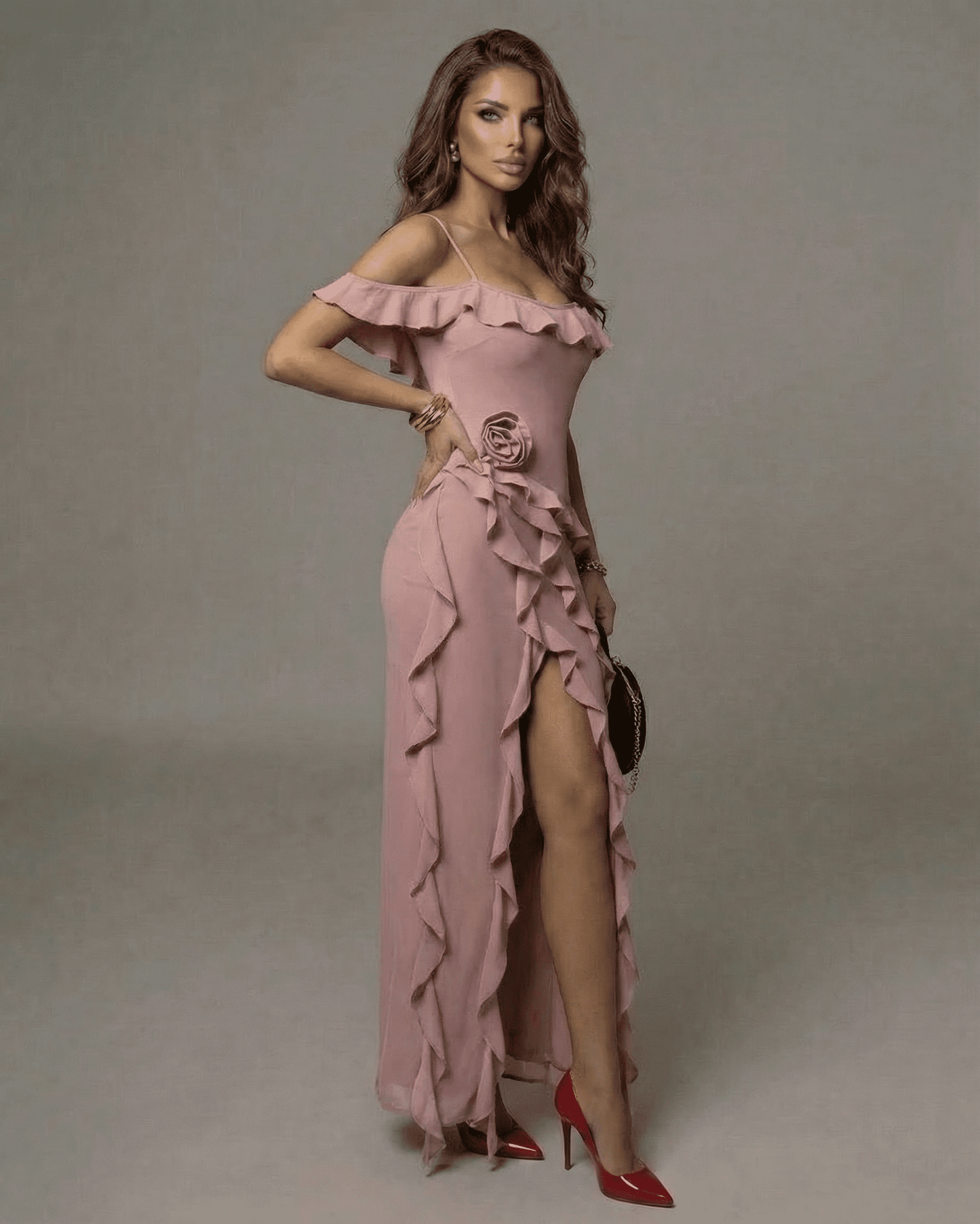 Fion Maxi Dress in pink, off-shoulder with ruffle details, perfect for elegant occasions, by RAMBLION.