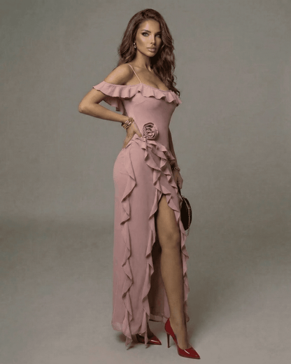 Fion Maxi Dress in pink, off-shoulder with ruffle details, perfect for elegant occasions, by RAMBLION.