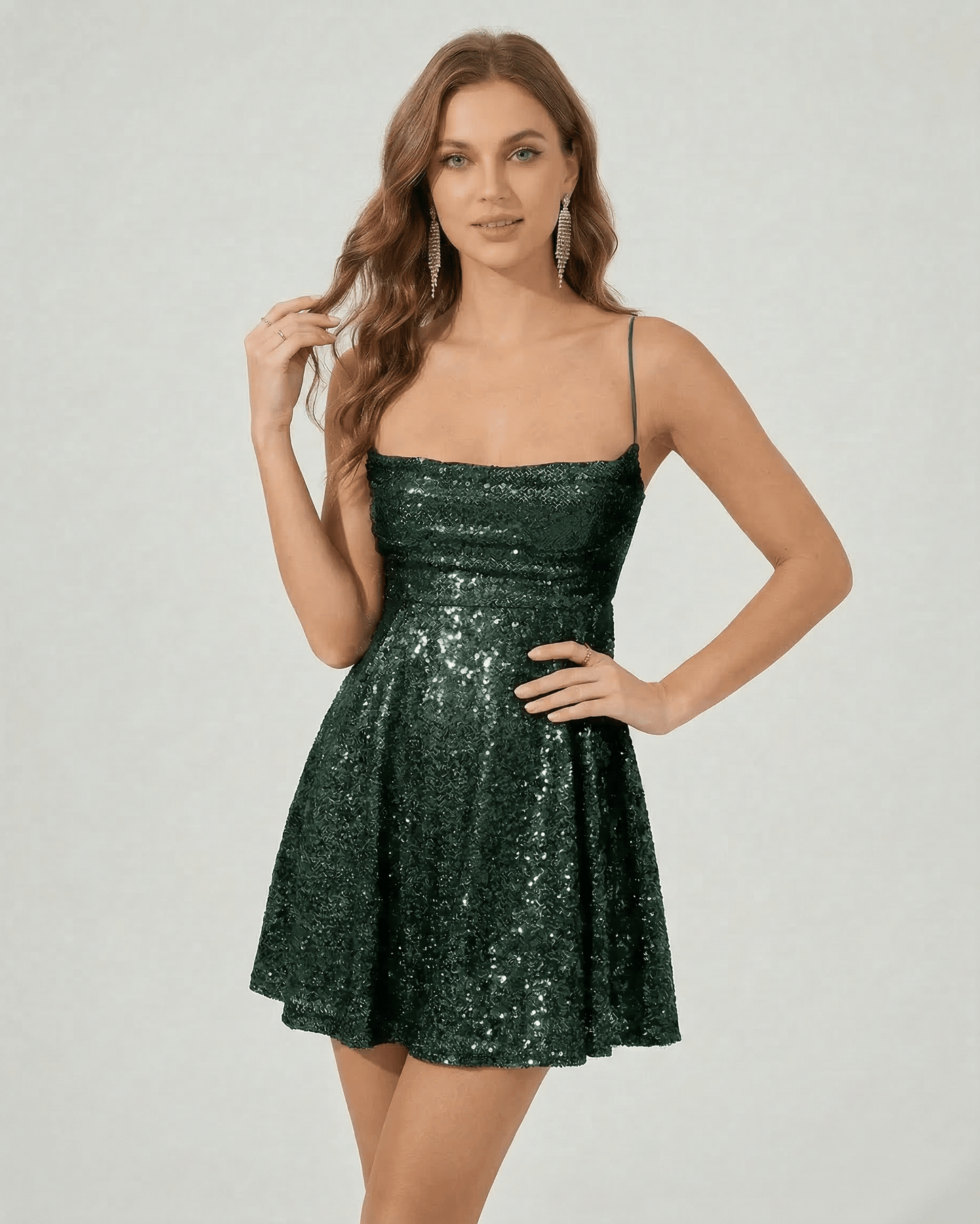 Fion Mini Dress by RAMBLION, emerald green sequin, square neck, chic style for elegant occasions.