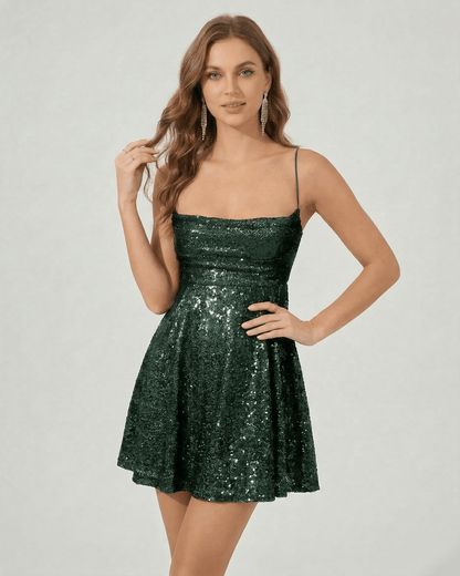 Fion Mini Dress by RAMBLION, emerald green sequin, square neck, chic style for elegant occasions.