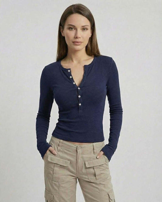 Fira Top by RAMBLION, navy mini dress in cotton denim, stylish long sleeve, perfect for casual occasions.