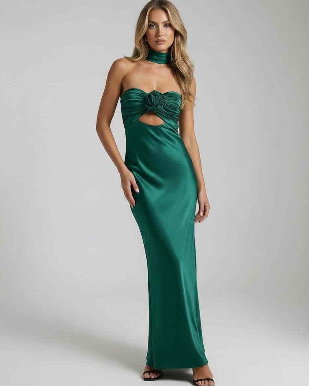 Fleur Maxi Dress by RAMBLION, green ankle-length satin design, strapless, perfect for elegant occasions.