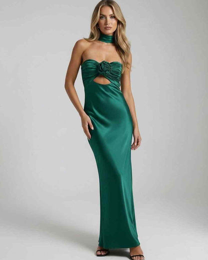 Fleur Maxi Dress by RAMBLION, green ankle-length satin design, strapless, perfect for elegant occasions.