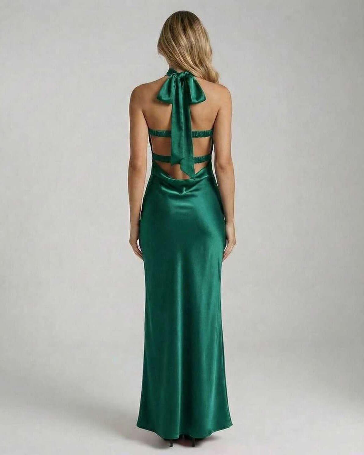 Fleur Maxi Dress by RAMBLION, green satin, strapless, ankle-length, elegant, luxurious for special occasions.