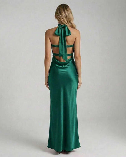 Fleur Maxi Dress by RAMBLION, green satin, strapless, ankle-length, elegant, luxurious for special occasions.