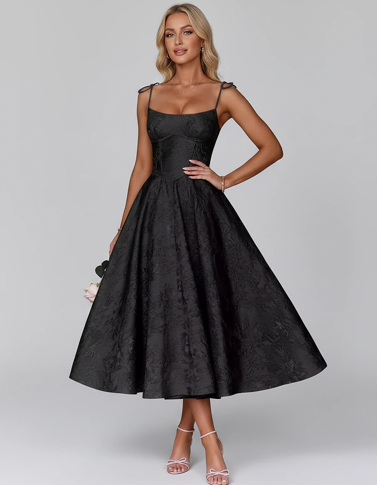 Floral Jacquard Satin Sleeveless Square Neck A-Line Midi Dress for Party, Cocktail, Evening, Wedding Guest, Prom & Summer Eve