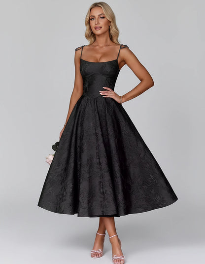 Floral Jacquard Satin Sleeveless Square Neck A-Line Midi Dress for Party, Cocktail, Evening, Wedding Guest, Prom & Summer Eve