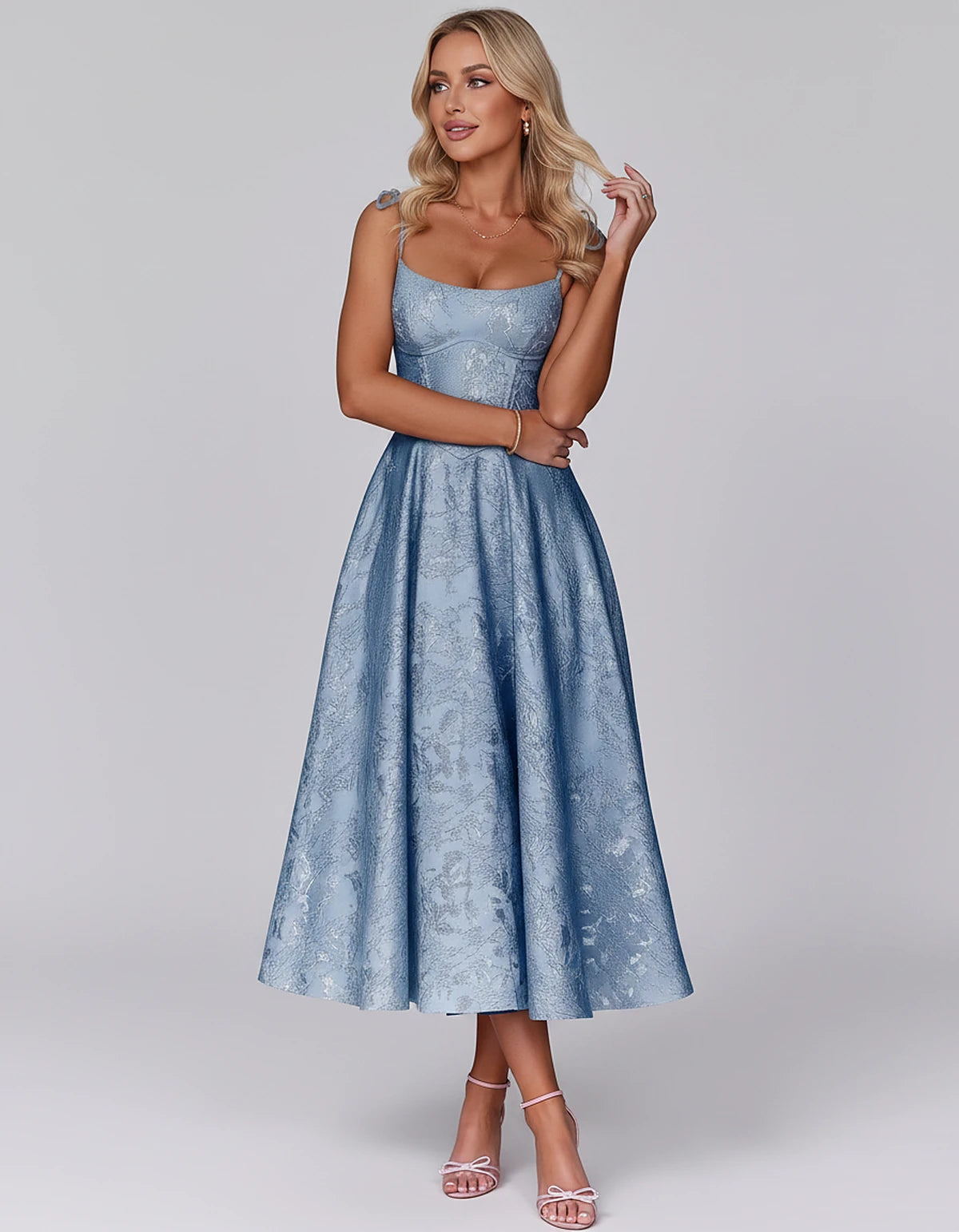 Floral Jacquard Satin Sleeveless Square Neck A-Line Midi Dress for Party, Cocktail, Evening, Wedding Guest, Prom & Summer Eve