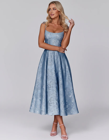 Floral Jacquard Satin Sleeveless Square Neck A-Line Midi Dress for Party, Cocktail, Evening, Wedding Guest, Prom & Summer Eve