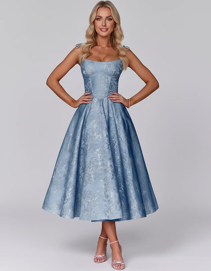 Floral Jacquard Satin Sleeveless Square Neck A-Line Midi Dress for Party, Cocktail, Evening, Wedding Guest, Prom & Summer Eve