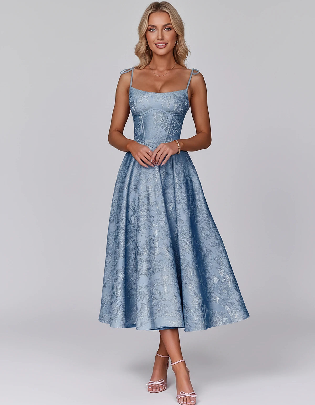 Floral Jacquard Satin Sleeveless Square Neck A-Line Midi Dress for Party, Cocktail, Evening, Wedding Guest, Prom & Summer Eve