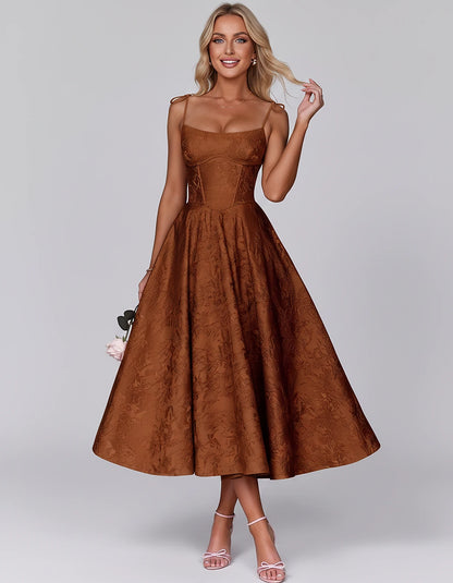 Floral Jacquard Satin Sleeveless Square Neck A-Line Midi Dress for Party, Cocktail, Evening, Wedding Guest, Prom & Summer Eve