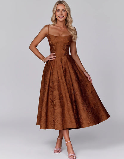 Floral Jacquard Satin Sleeveless Square Neck A-Line Midi Dress for Party, Cocktail, Evening, Wedding Guest, Prom & Summer Eve