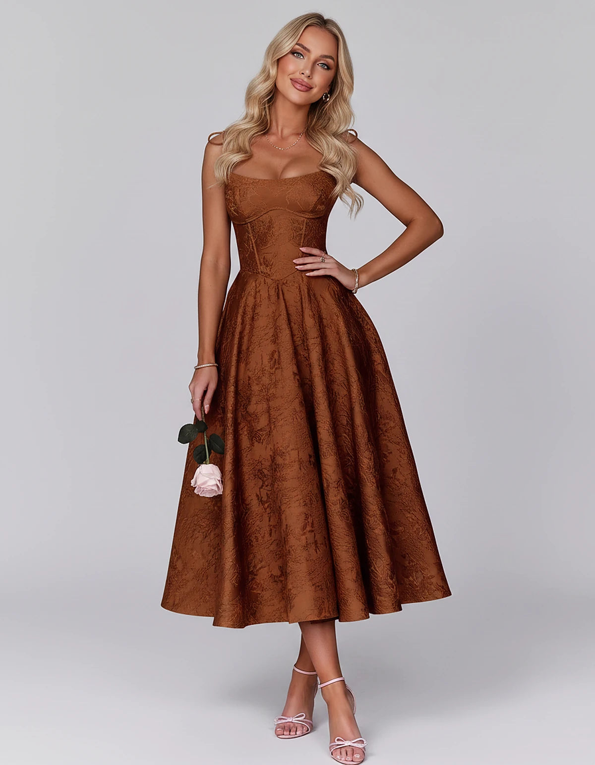 Floral Jacquard Satin Sleeveless Square Neck A-Line Midi Dress for Party, Cocktail, Evening, Wedding Guest, Prom & Summer Eve