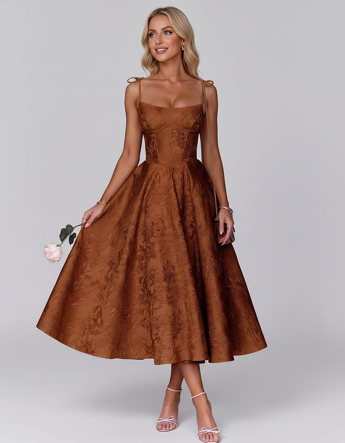 Floral Jacquard Satin Sleeveless Square Neck A-Line Midi Dress for Party, Cocktail, Evening, Wedding Guest, Prom & Summer Eve