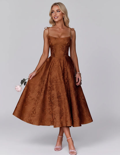Floral Jacquard Satin Sleeveless Square Neck A-Line Midi Dress for Party, Cocktail, Evening, Wedding Guest, Prom & Summer Eve
